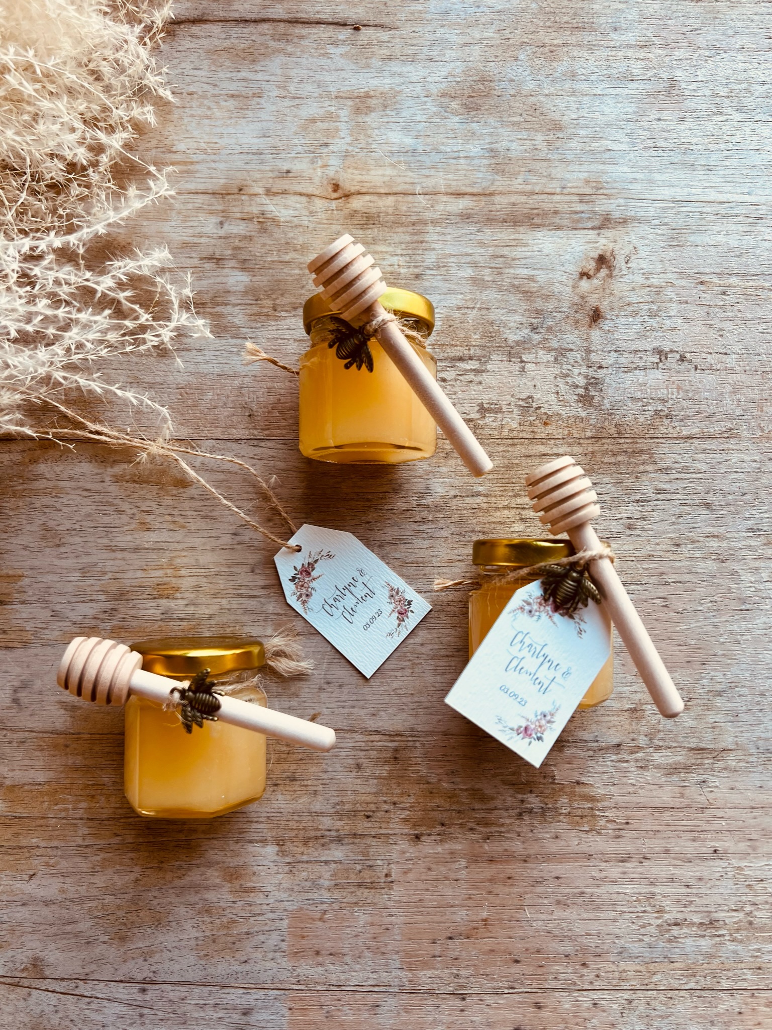 Mini pots de miel personnalisés, cadeaux pour convives de mariage
